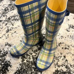 L.L. Bean Blue and Green Plaid Winter Rain Boots